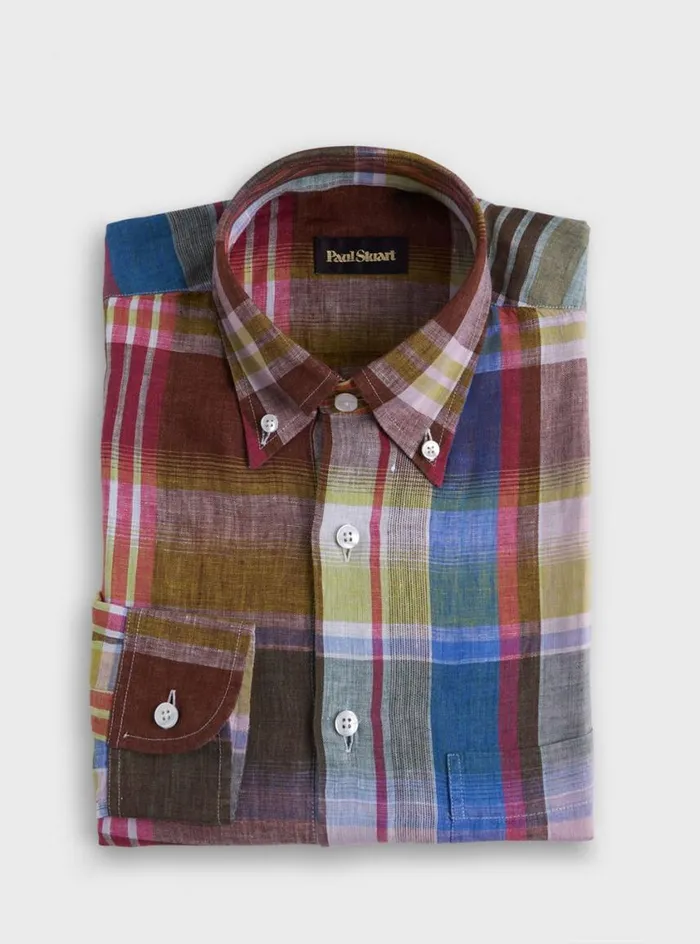 Men Paul Stuart Sport Shirts Linen Plaid Sport Shirt Browngreen