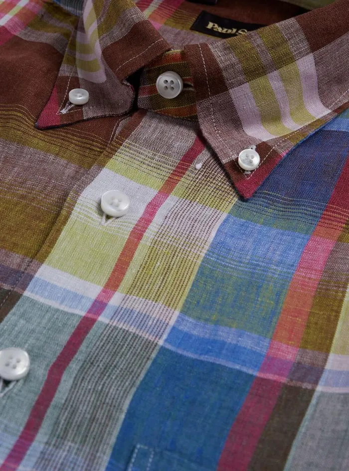 Men Paul Stuart Sport Shirts Linen Plaid Sport Shirt Browngreen