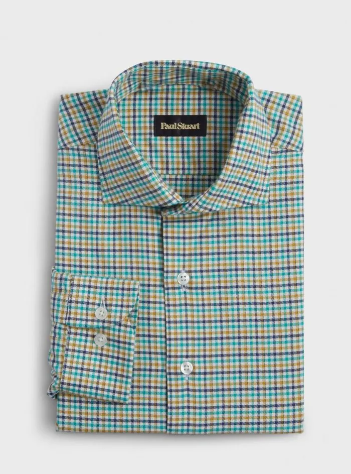 Men Paul Stuart Sport Shirts Mini Check Flannel Sport Shirt Teal