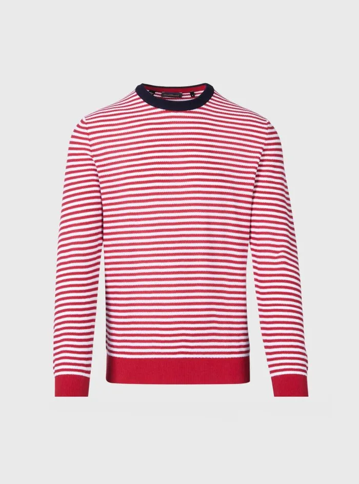 Men Paul Stuart Sweaters Cotton Striped Crewneck Sweater Redwhite