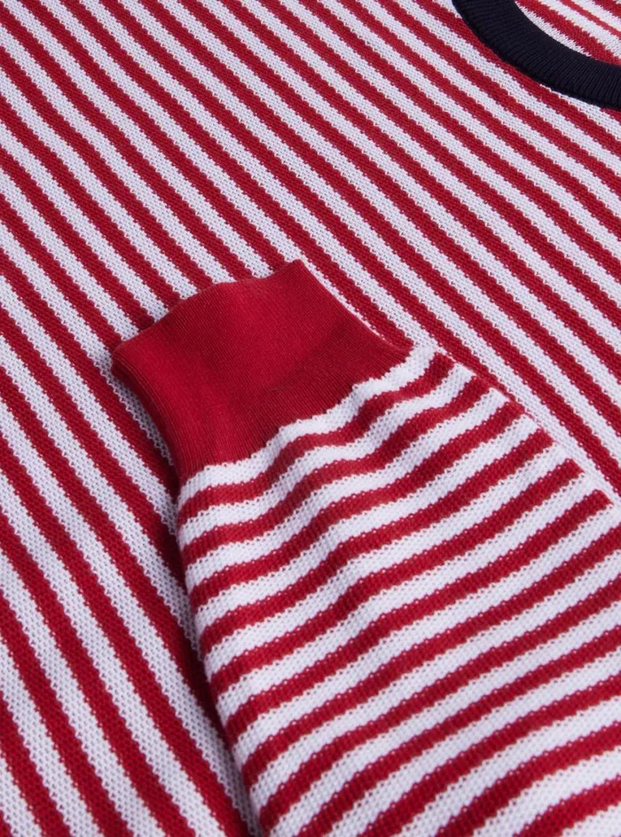 Men Paul Stuart Sweaters Cotton Striped Crewneck Sweater Redwhite