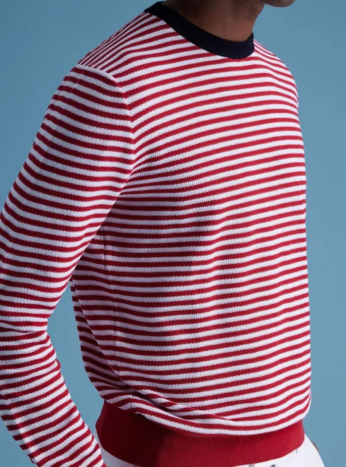 Men Paul Stuart Sweaters Cotton Striped Crewneck Sweater Redwhite
