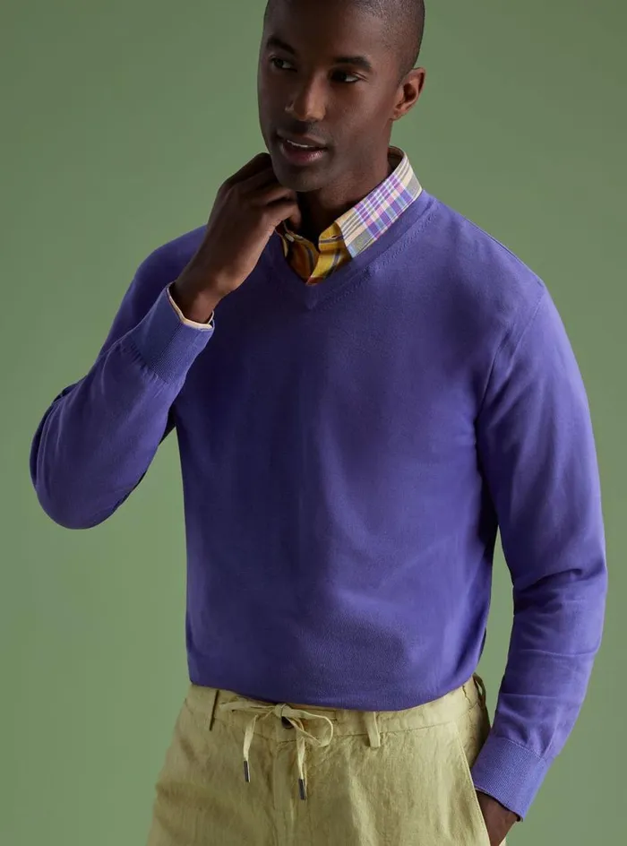 Men Paul Stuart Sweaters Fine Gauge Cotton VNeck Sweater Iris