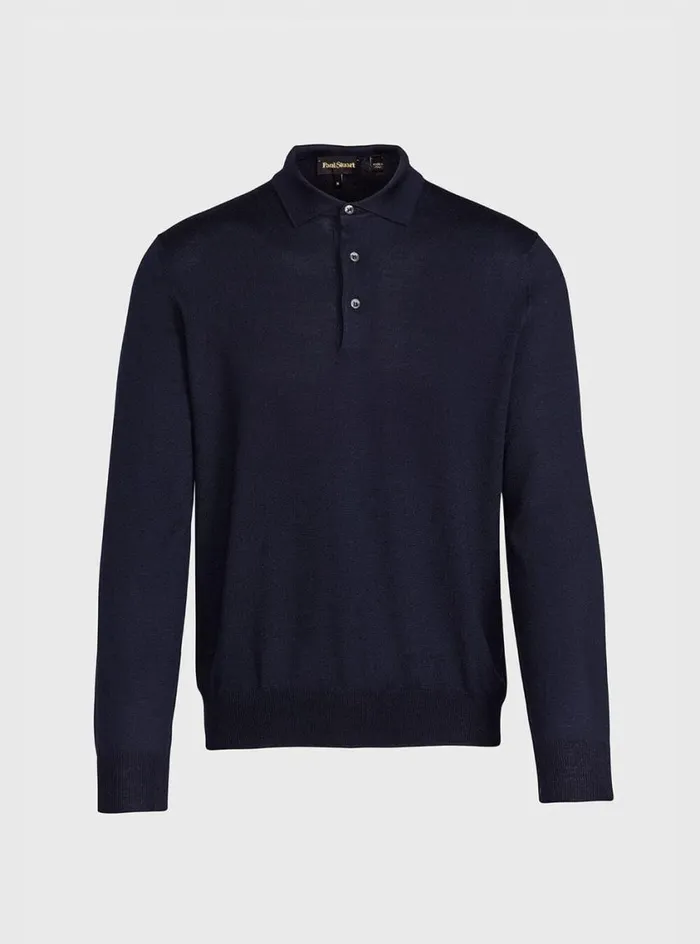 Men Paul Stuart Sweaters Long Sleeve Merino Wool Polo Shirt Navy