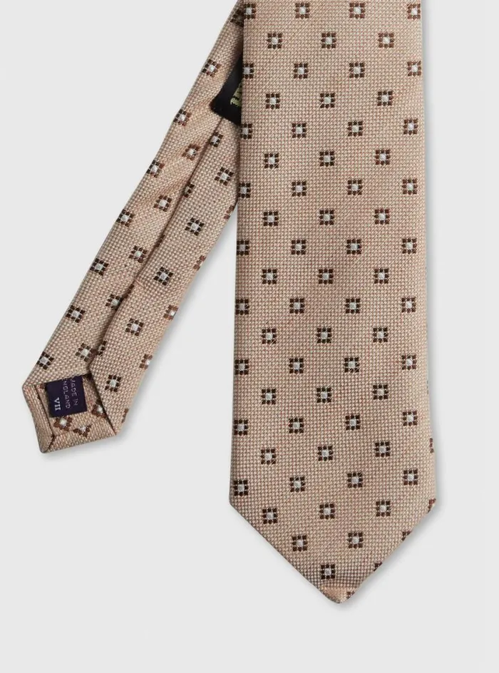 Men Paul Stuart Ties Woven Silk and Cotton Square Medallion Tie Tan