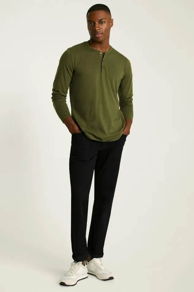 Men Pima Performance Long Sleeve Henley Dark Olive Green Bonobos Henleys