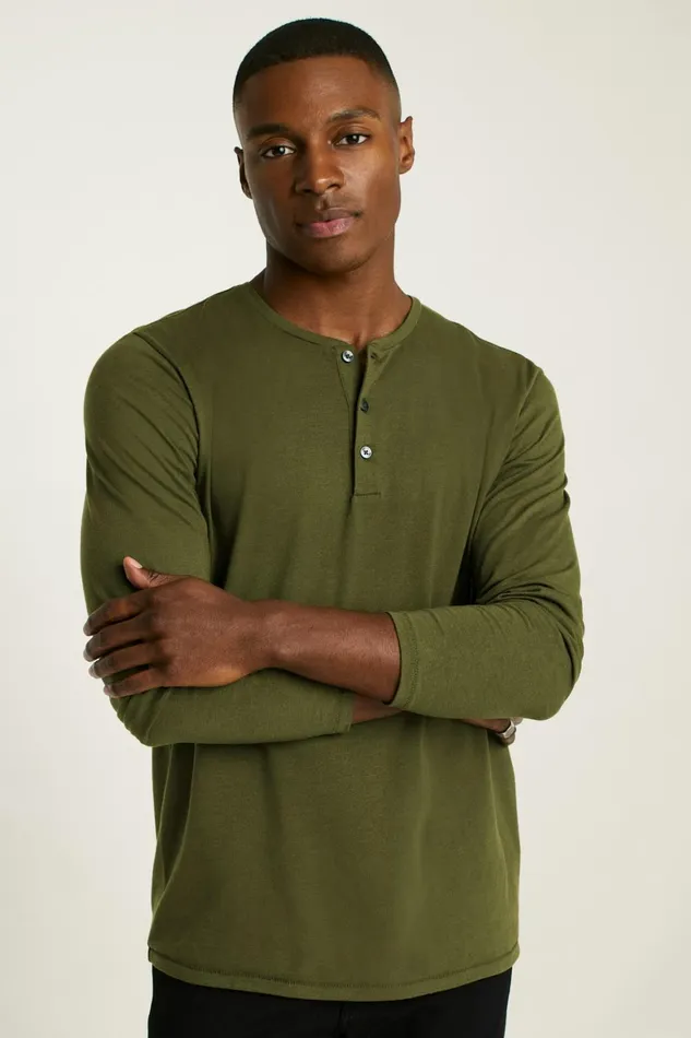 Men Pima Performance Long Sleeve Henley Dark Olive Green Bonobos Henleys