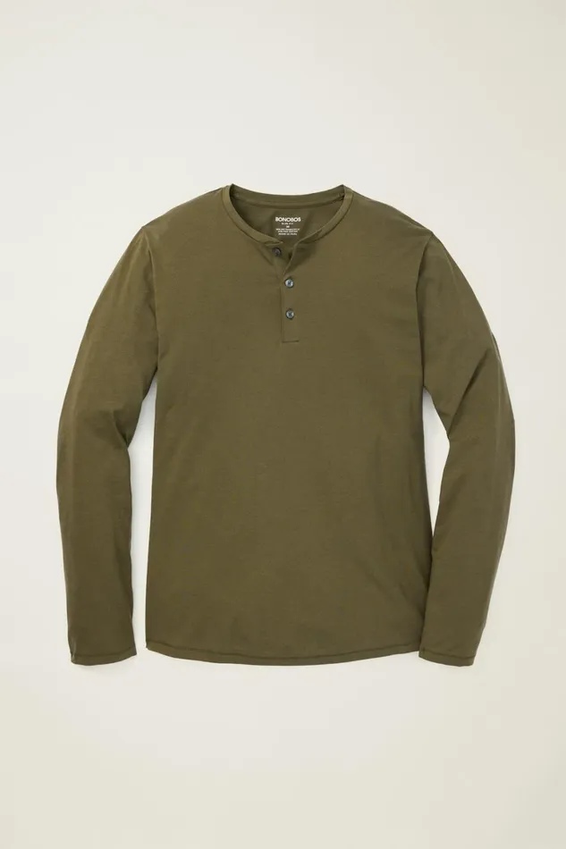 Men Pima Performance Long Sleeve Henley Dark Olive Green Bonobos Henleys