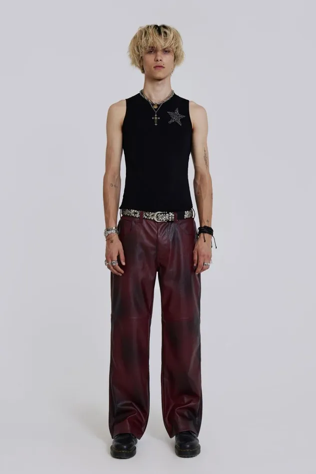 Men Red PU Straight Leg Trousers Jaded London Trousers and Pants