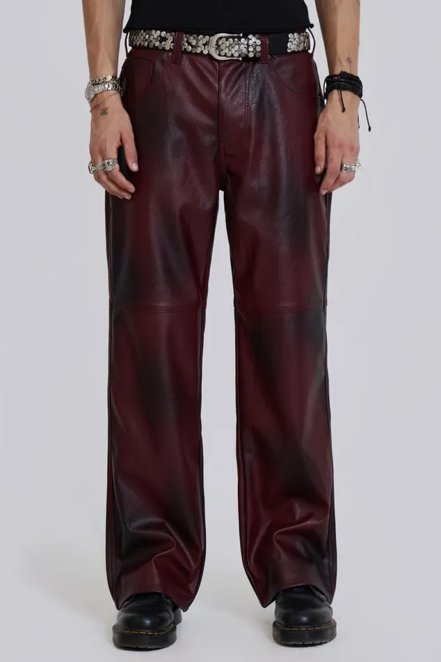 Men Red PU Straight Leg Trousers Jaded London Trousers and Pants