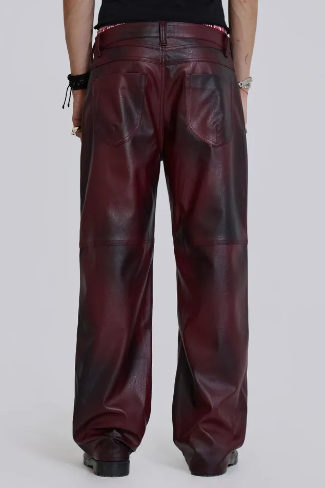 Men Red PU Straight Leg Trousers Jaded London Trousers and Pants