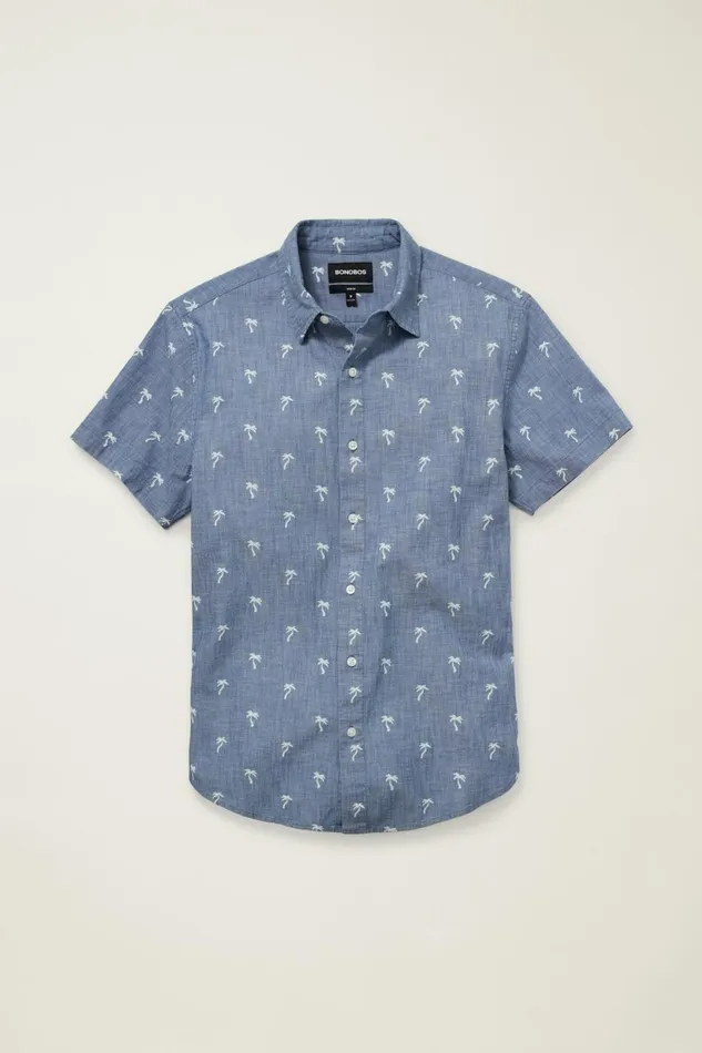 Men Riviera Short Sleeve Shirt Chambray Palms Bonobos Casual Shirts