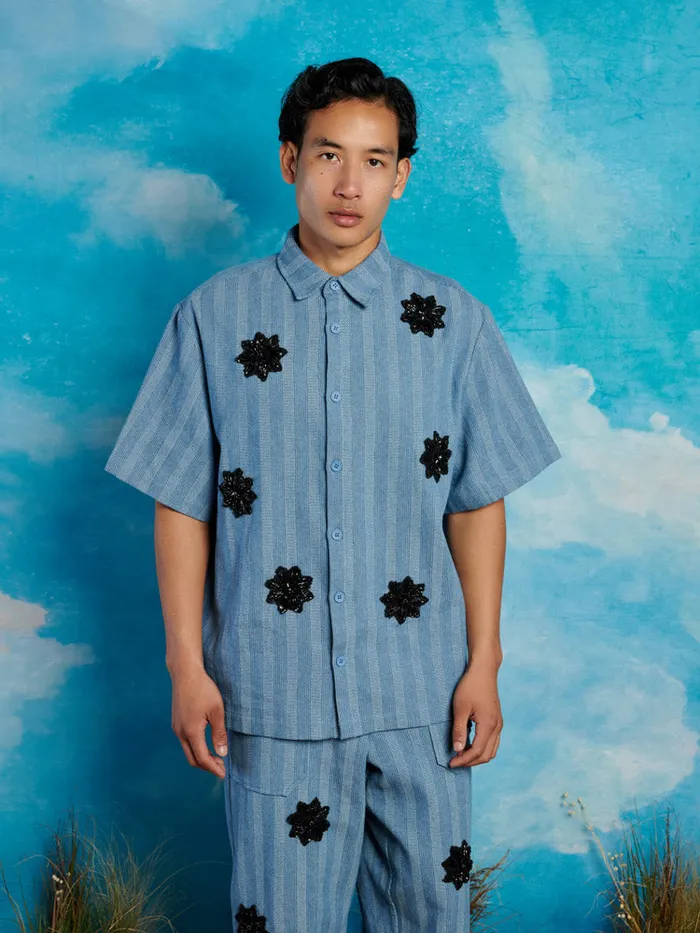 Men Sister Jane Shirts Cameron Stripe Applique Shirt Gray Blue