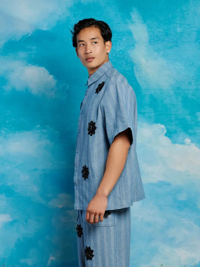 Men Sister Jane Shirts Cameron Stripe Applique Shirt Gray Blue