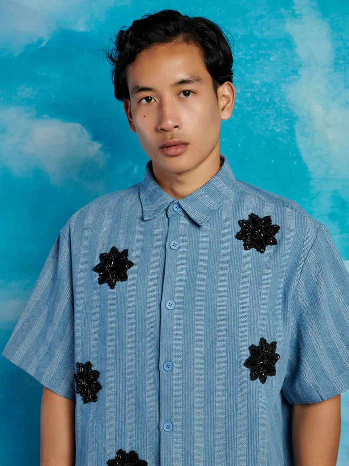 Men Sister Jane Shirts Cameron Stripe Applique Shirt Gray Blue
