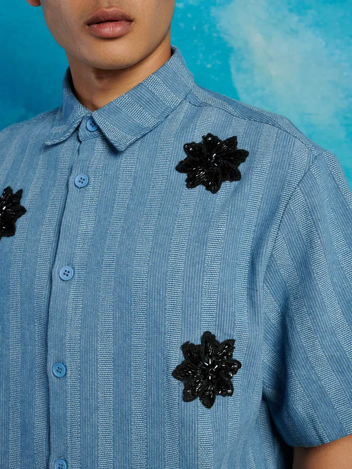 Men Sister Jane Shirts Cameron Stripe Applique Shirt Gray Blue