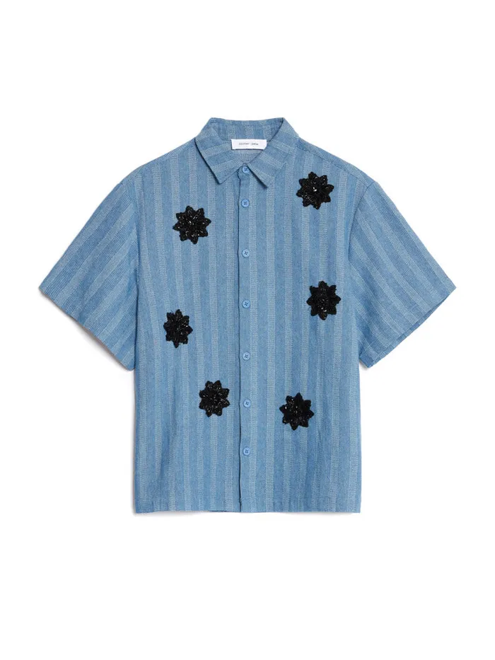 Men Sister Jane Shirts Cameron Stripe Applique Shirt Gray Blue
