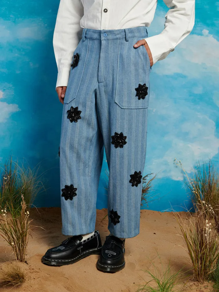 Men Sister Jane Trousers Cameron Stripe Applique Trousers Gray Blue