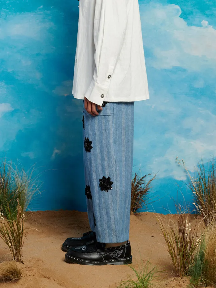 Men Sister Jane Trousers Cameron Stripe Applique Trousers Gray Blue