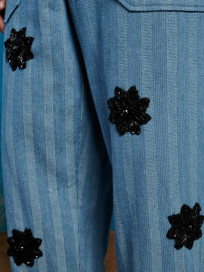 Men Sister Jane Trousers Cameron Stripe Applique Trousers Gray Blue