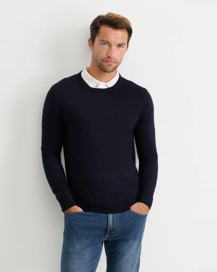 Men Sportscraft Knitwear Merino Crew Neck Knit Navy
