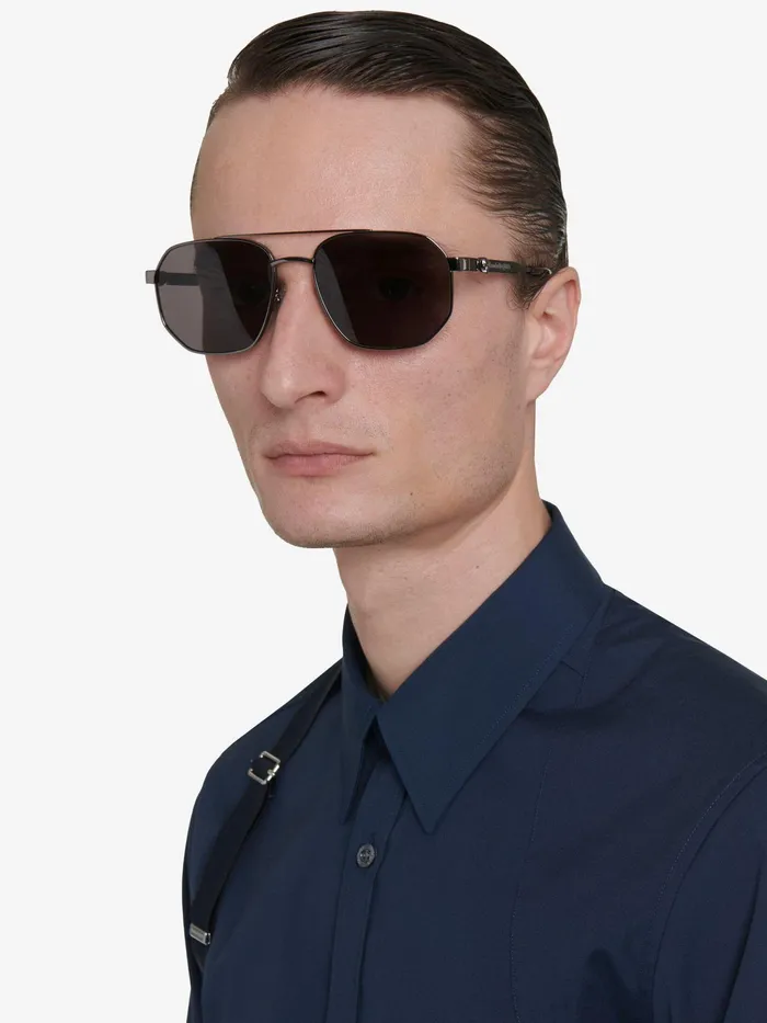 Men Sunglasses Alexander McQueen Floating Skull Metal Caravan Sunglasses Ruthenium