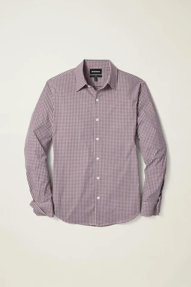 Men Tech Button Down Shirt Pink Plum Plaid Bonobos Casual Shirts