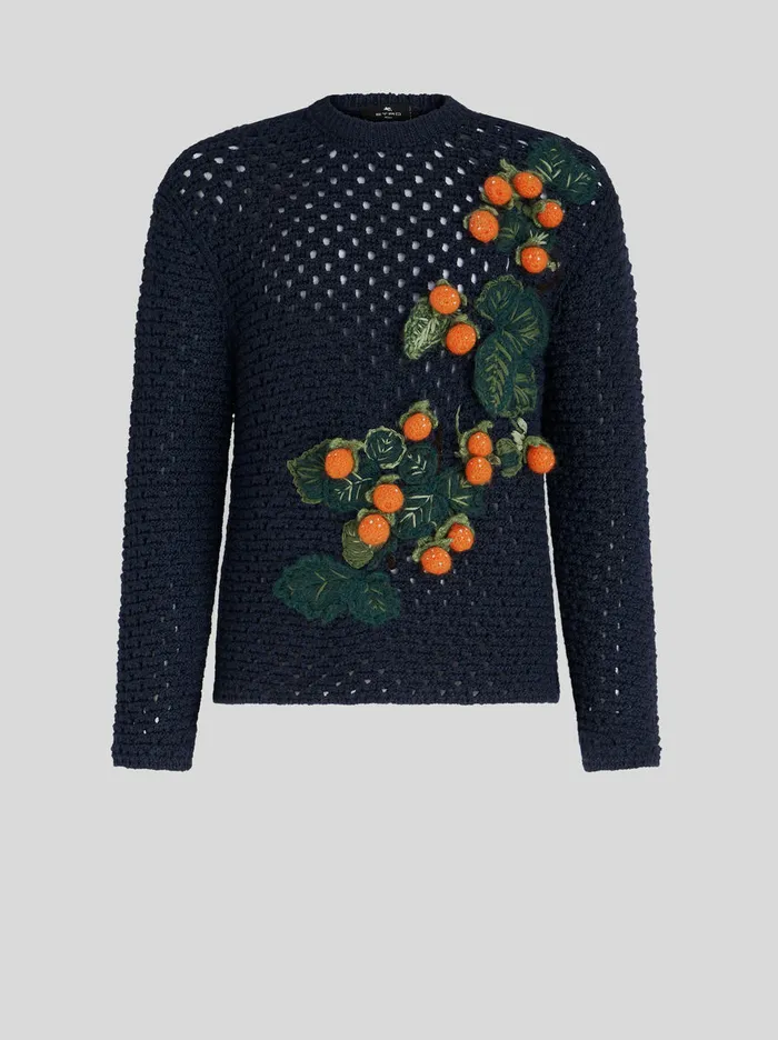 Men Tricot Round Neck Jumper With Flowers Etro Knitwear