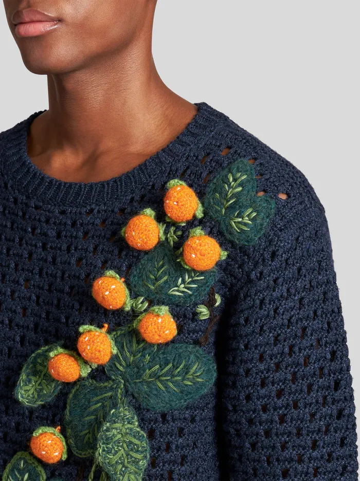 Men Tricot Round Neck Jumper With Flowers Etro Knitwear