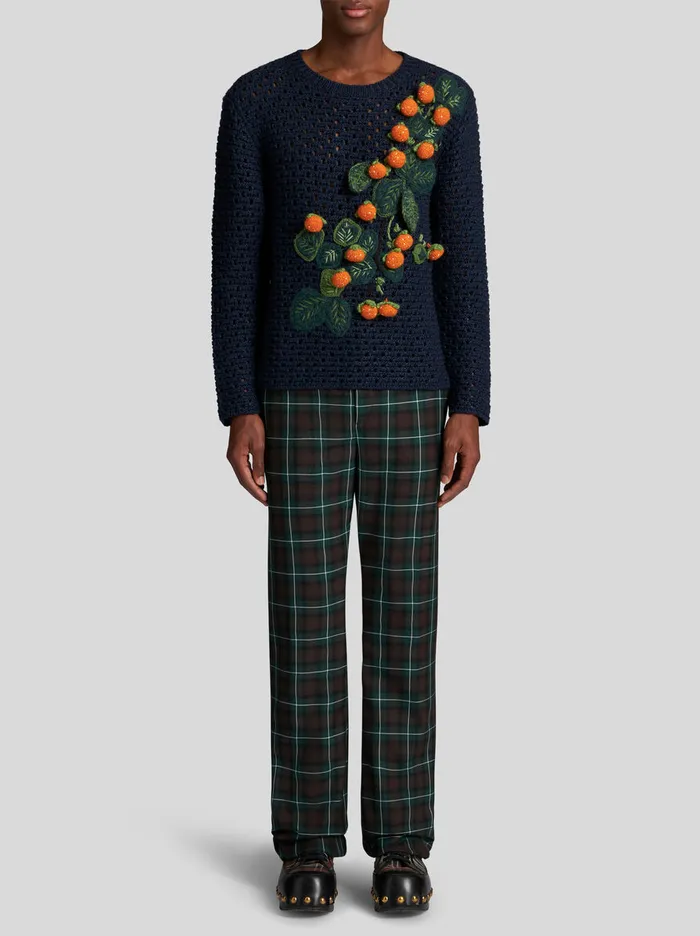 Men Tricot Round Neck Jumper With Flowers Etro Knitwear