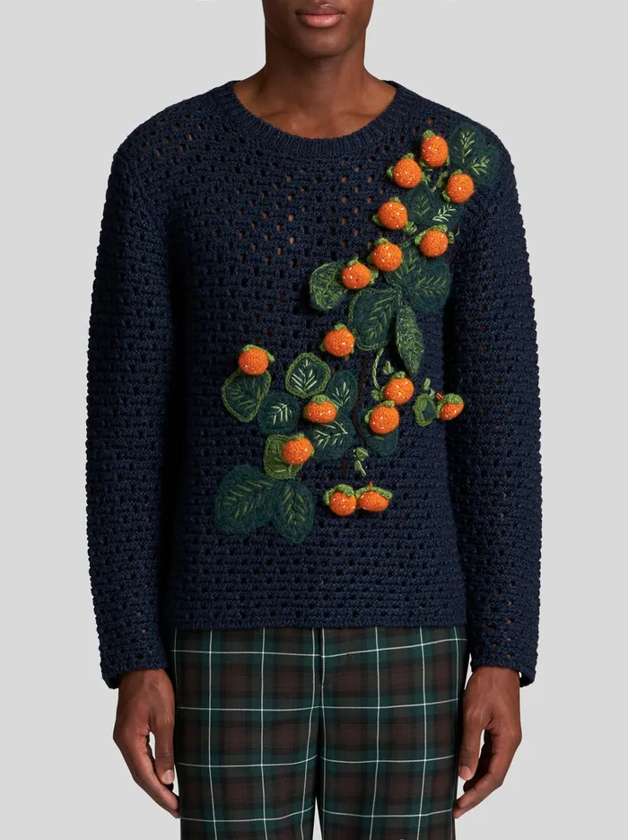 Men Tricot Round Neck Jumper With Flowers Etro Knitwear