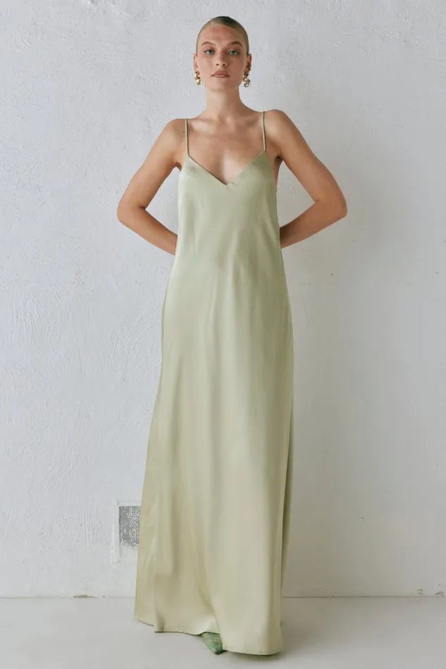 MidiMaxi Dresses Women VRG GRL Ida Satin Maxi Dress Sage