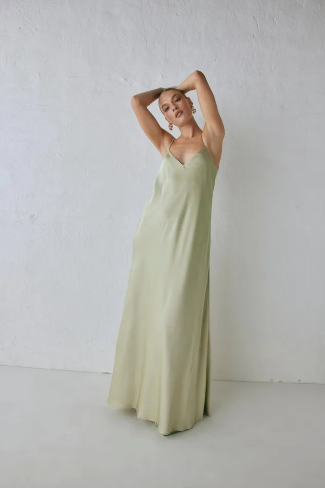 MidiMaxi Dresses Women VRG GRL Ida Satin Maxi Dress Sage MidiMaxi Dresses Women VRG GRL Ida Satin Maxi Dress Sage