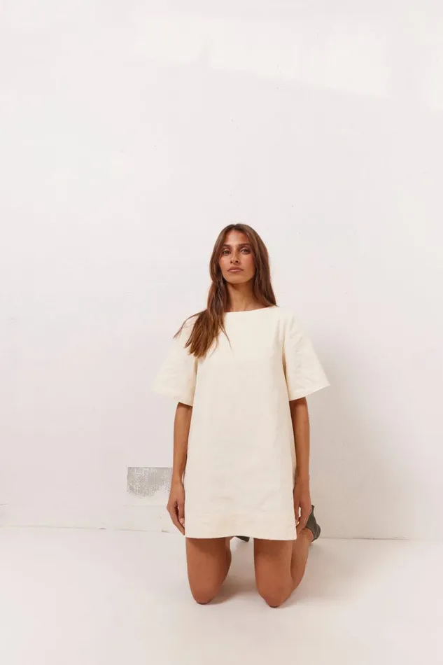 Mini Dresses Women VRG GRL Suki Denim Mini Dress Cream