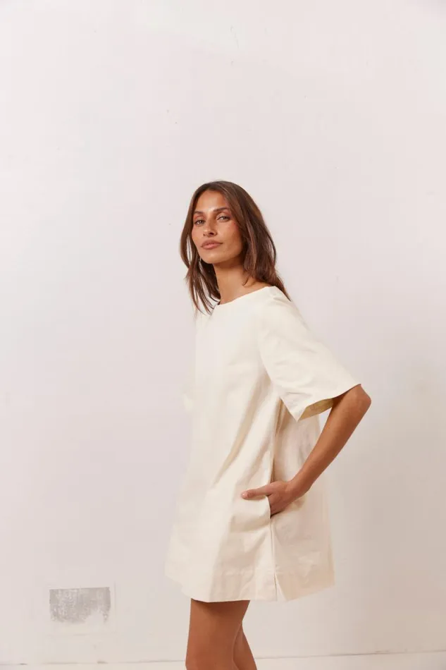 Mini Dresses Women VRG GRL Suki Denim Mini Dress Cream