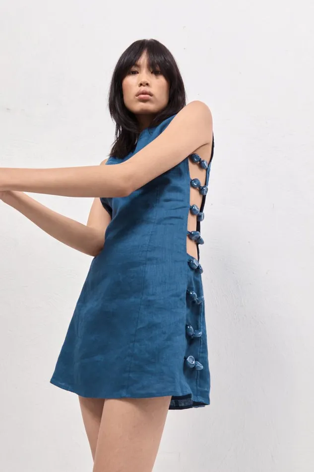 Mini Dresses Women VRG GRL Tia Linen Mini Dress Navy