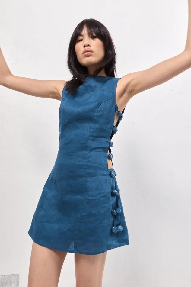 Mini Dresses Women VRG GRL Tia Linen Mini Dress Navy