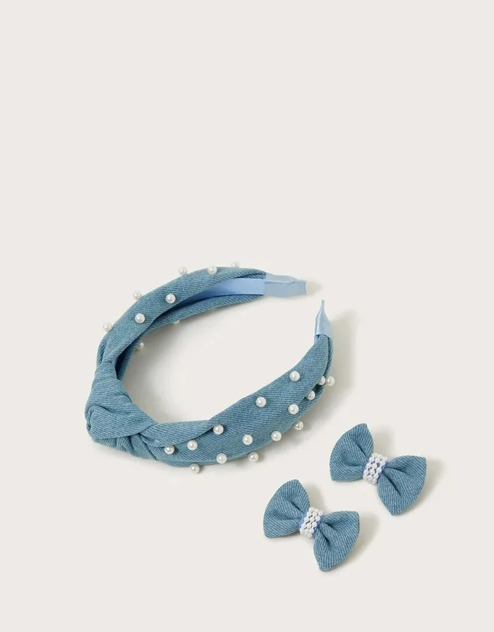 Monsoon 3Pack Denim And Pearl Hair Set Children Girls039 Hair Accessories