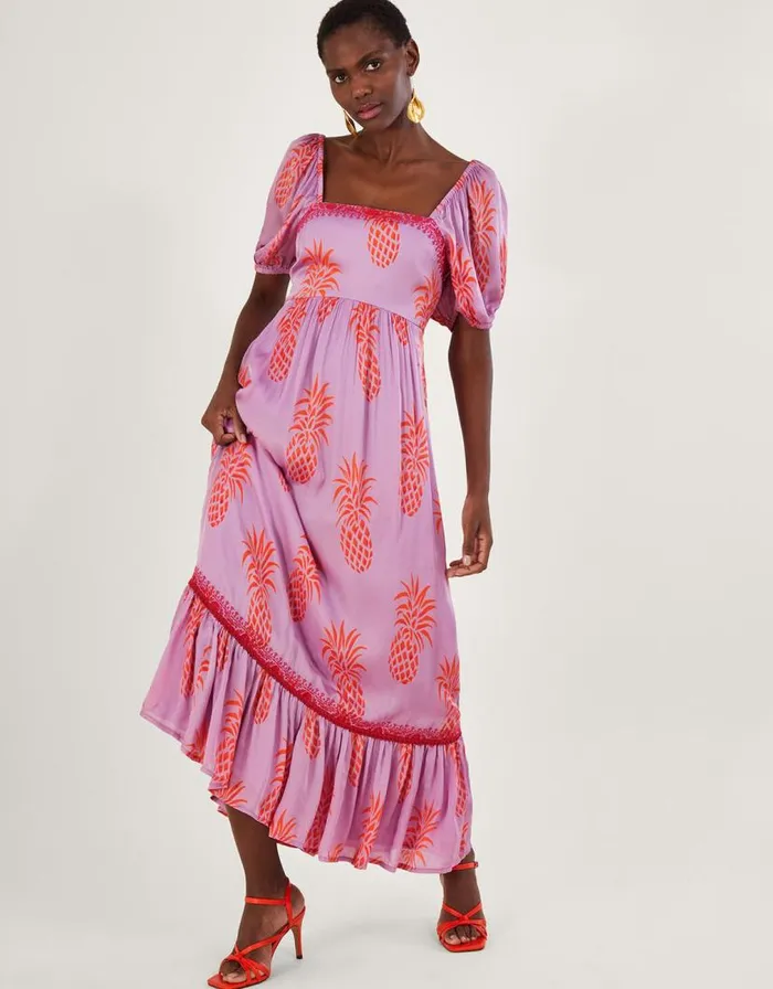 Monsoon Anasi Pineapple Print Dress In Sustainable Viscose Purple Women Occasionwear Monsoon Anasi Pineapple Print Dress In Sustainable Viscose Purple Women Occasionwear