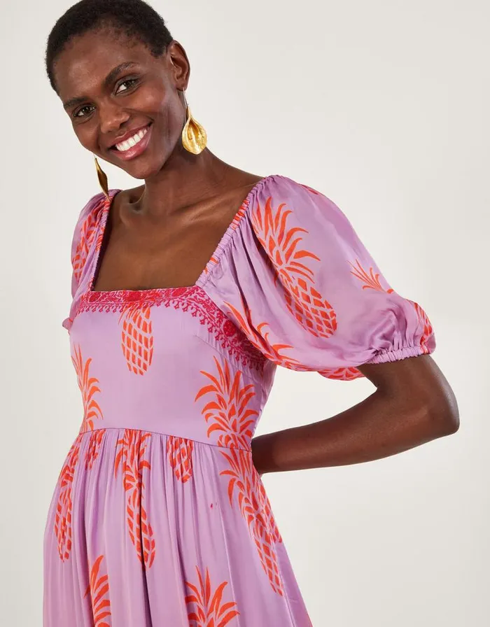 Monsoon Anasi Pineapple Print Dress In Sustainable Viscose Purple Women Occasionwear Monsoon Anasi Pineapple Print Dress In Sustainable Viscose Purple Women Occasionwear