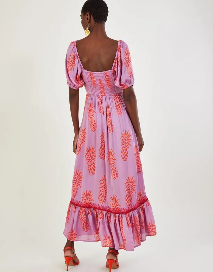 Monsoon Anasi Pineapple Print Dress In Sustainable Viscose Purple Women Occasionwear Monsoon Anasi Pineapple Print Dress In Sustainable Viscose Purple Women Occasionwear