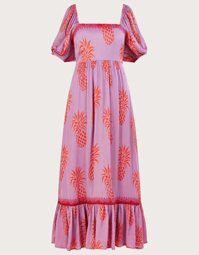 Monsoon Anasi Pineapple Print Dress In Sustainable Viscose Purple Women Occasionwear Monsoon Anasi Pineapple Print Dress In Sustainable Viscose Purple Women Occasionwear