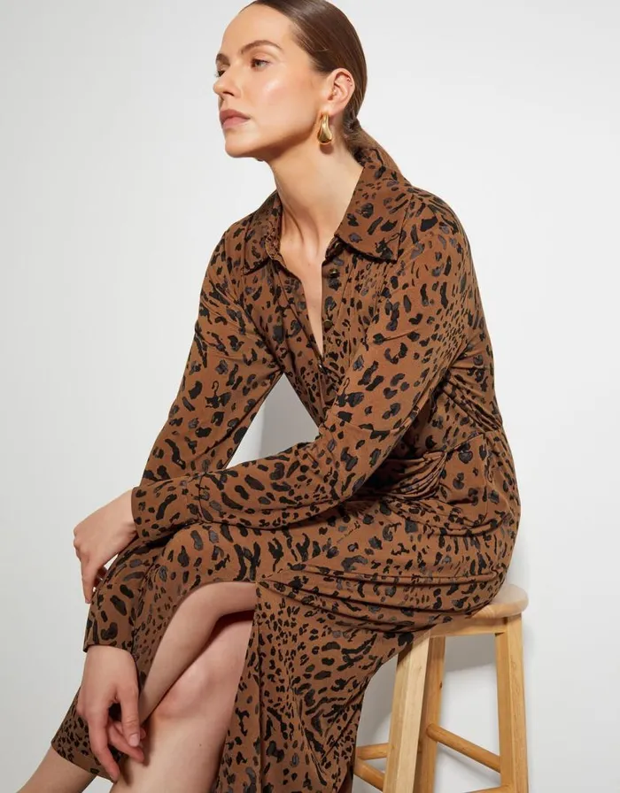 Monsoon Aubrey Jersey Leopard Print Dress Brown Women Midi Dresses