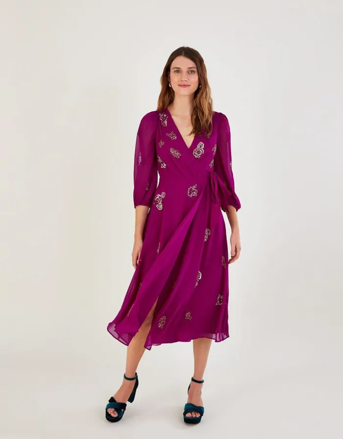 Monsoon Ava Embellished Wrap Dress In Recycled Polyester Pink Women Occasionwear Monsoon Ava Embellished Wrap Dress In Recycled Polyester Pink Women Occasionwear