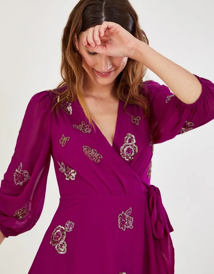 Monsoon Ava Embellished Wrap Dress In Recycled Polyester Pink Women Occasionwear Monsoon Ava Embellished Wrap Dress In Recycled Polyester Pink Women Occasionwear