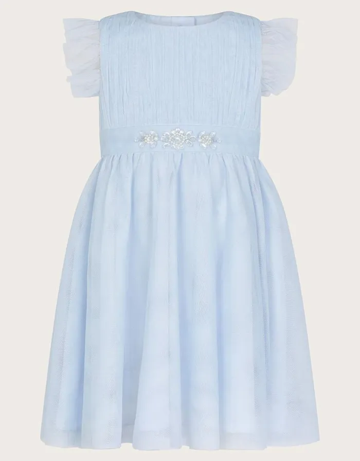 Monsoon Baby Penelope Embellished Belt Tulle Dress Blue Children Dresses