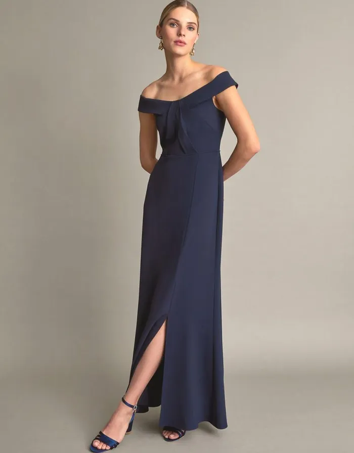 Monsoon Beatrice Crepe Bardot Maxi Dress Blue Women Occasionwear