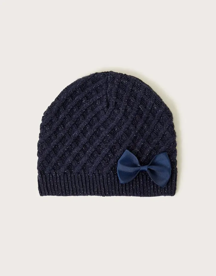 Monsoon Bow Detail Beanie Hat Blue Children Hats and Sunglasses