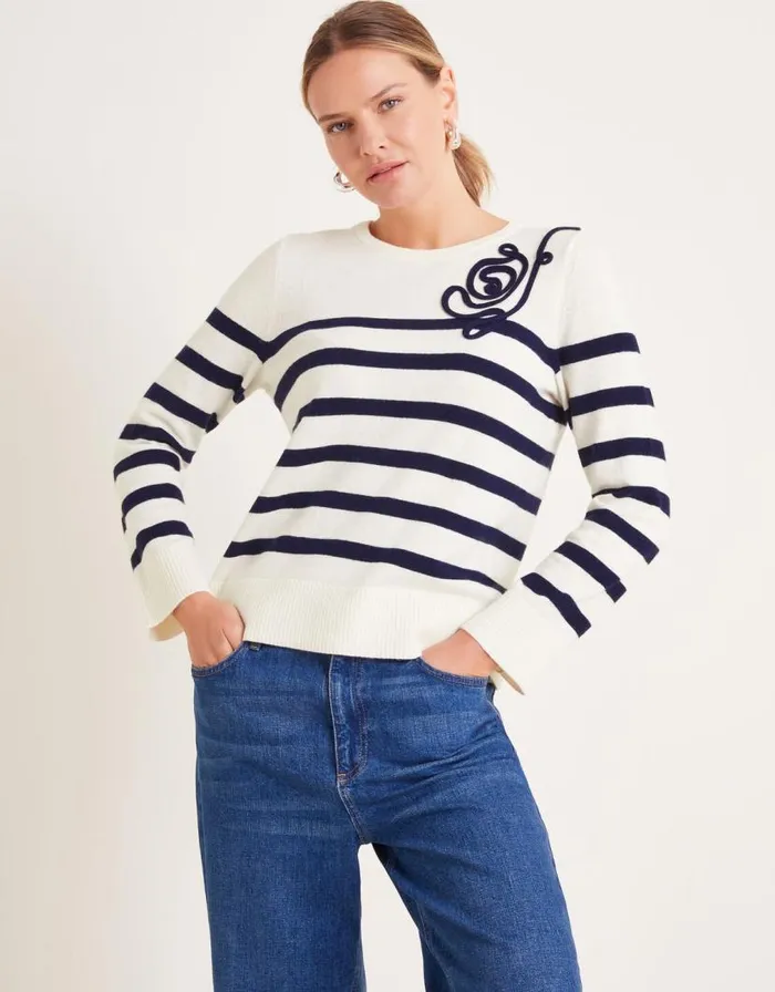 Monsoon Cate Cornelli Stripe Crew Neck Jumper Ivory Women Casualwear