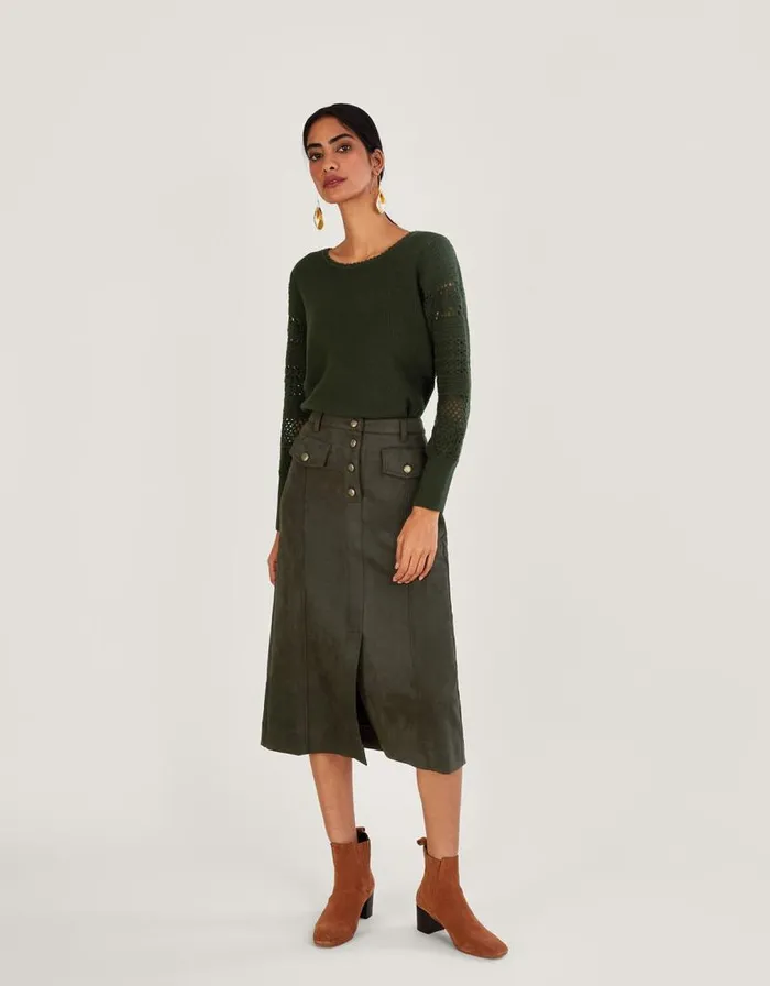 Monsoon Crochet Sleeve Jumper Green Women Knitwear